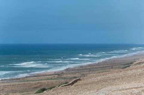 Panoramic view to waves on Atlantic ocean coastline  Morocco, near Safi town. Stock Photos