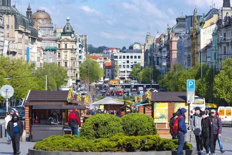 Panoramic view of the Wenceslas Square with shops, hotels, people in Prague Stock Photos