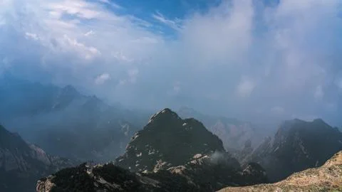 Panoramic view from the West Peak summit of Hua Shan mountain Stock Photos