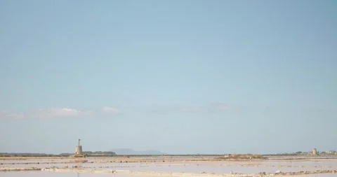 Panoramic view of the wetlands Saline di Trapani e Paceco, salt production, 4k Stock Footage 332718634
