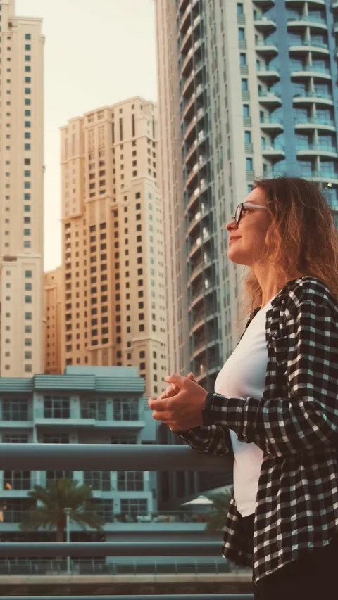 Panoramic view white blue modern high-rise buildings skyscrapers bridge UAE Stock Footage 329279557