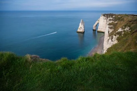 Panoramic view on white chalk cliffs in Etretat, on the Alabaster Coast on the Stock Photos