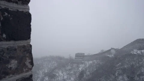A panoramic view of a white great wall of china during snowy day. Stock Footage 125276153
