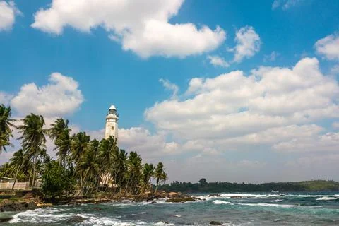 Panoramic view at White lighthouse Dondra. Southernmost point in Sri Lanka. Stock Photos