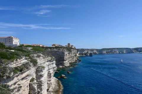 Panoramic view of the white limestone cliffs and Bonifacio Corsica. Sea and blue Stock Photos