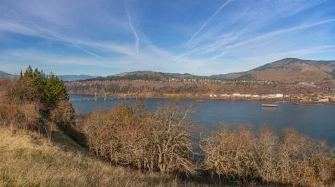 Panoramic view of White Salmon bridge and River Washington state; Stock Photos