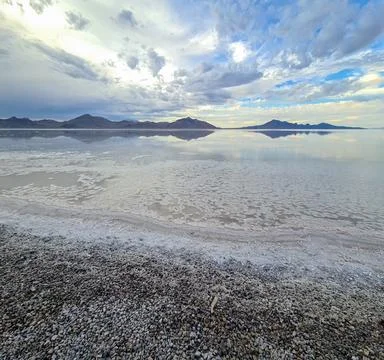 Panoramic view of the white salt beach at lake of Bonneville Salt Flats, We.. Stock Photos