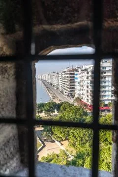 Panoramic view from White Tower monument and museum in Thessaloniki or Salo.. Stock Photos
