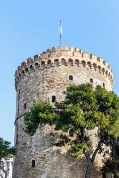 Panoramic view from White Tower monument and museum in Thessaloniki or Salo.. Stock Photos