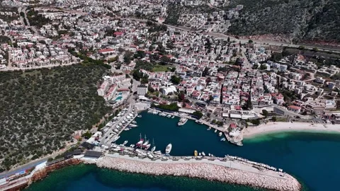 Panoramic View of White Villas, Marina, and Azure Mediterranean Coast.4K 60 fps Stock Footage 318311627