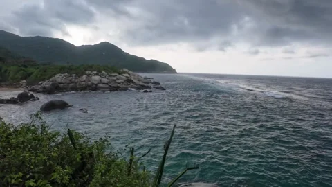 Panoramic View of Wild Tropical Coast and Ocean Waves Stock Footage 342571494