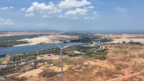 Panoramic view of wind farm with high wind turbines at Phan Thiet Stock Footage 315328132