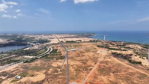 Panoramic view of wind farm with high wind turbines at Phan Thiet Stock Footage 315328186