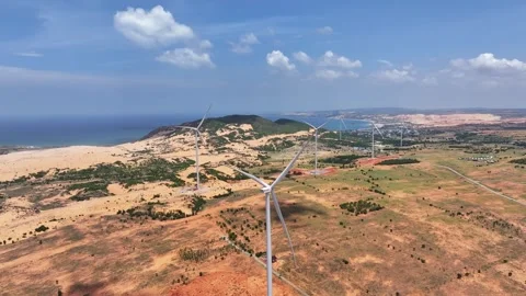 Panoramic view of wind farm with high wind turbines at Phan Thiet Stock Footage 315328298