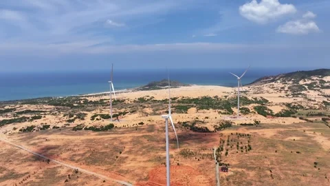 Panoramic view of wind farm with high wind turbines at Phan Thiet Stock Footage 315328851