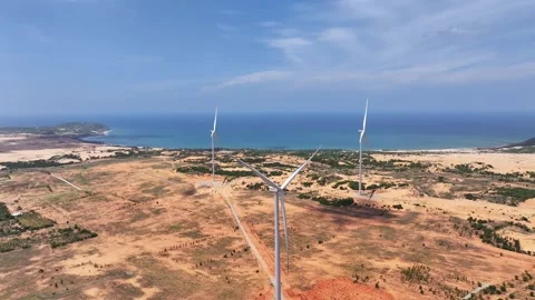 Panoramic view of wind farm with high wind turbines at Phan Thiet Stock Footage 315328855