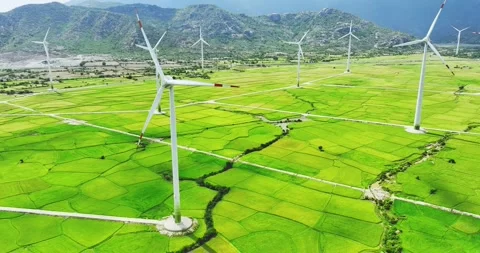 Panoramic view of wind farm or wind park Stock Footage 311036183