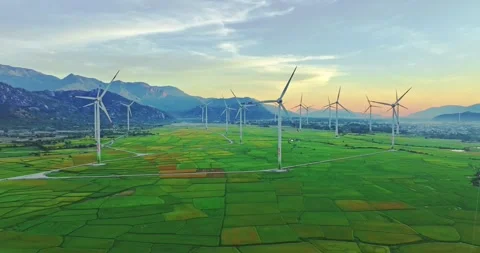 Panoramic view of wind farm or wind park Stock Footage 311036409