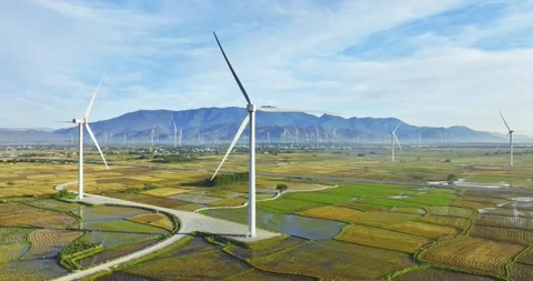 Panoramic view of wind farm or wind park Stock Footage 311036888