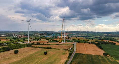 Panoramic view of wind farm or wind park. 스톡 사진