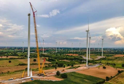 Panoramic view of wind farm or wind park. 스톡 사진