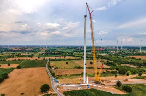 Panoramic view of wind farm or wind park. Stock Photos
