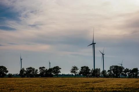 Panoramic view of wind farm or wind park, with high wind turbines for generat Stock Photos