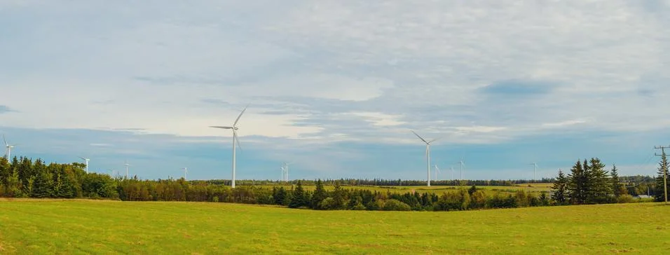 Panoramic view of wind power generators at north cape Stock Photos