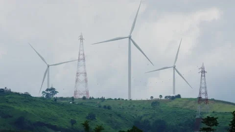 Panoramic view of wind turbines with beautiful landscapes and blue sky. Stock Footage 204971650