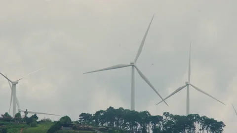 Panoramic view of wind turbines with beautiful landscapes and blue sky. Видео 204971681
