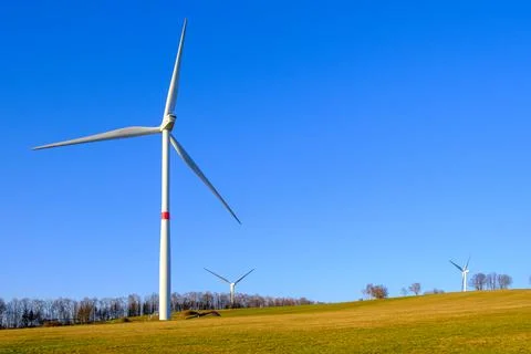Panoramic view of the windmill farm with copy space Stock Photos