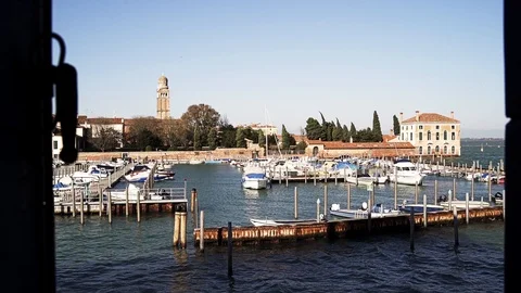 A panoramic view from the window to the small bay with yachts in the Venice Stock Footage 118498652