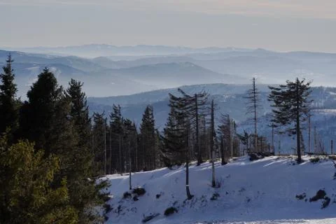 Panoramic view of winter and snowy landscape from the observation platform at Stock Photos