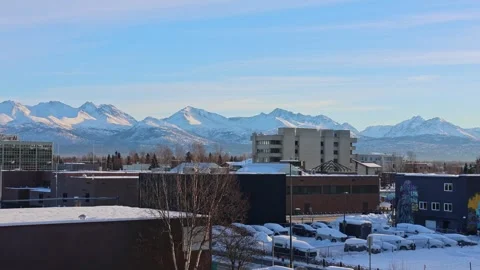 Panoramic view of winter downtown in Anchorage, Alaska. Vibrant cityscape. Stock Footage 327843512