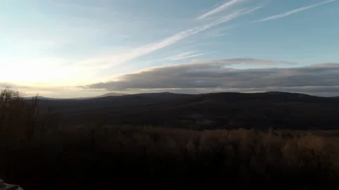 Panoramic view of winter sunset above castle Hrusov, Slovakia Stock Footage 146303399