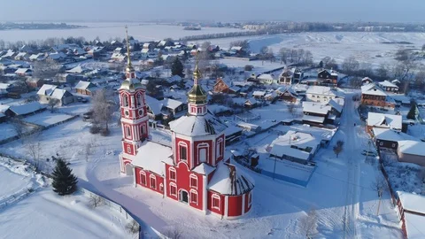 Panoramic view of the winter Suzdal with the Church of Boris and Gleb Stock Footage 101453843