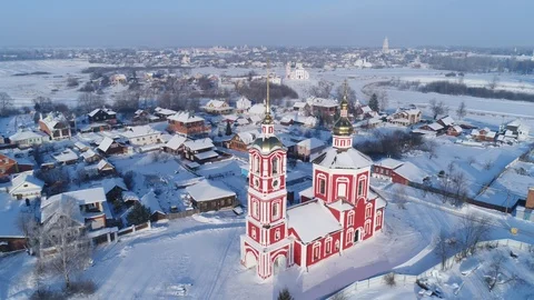 Panoramic view of the winter Suzdal with the Church of Boris and Gleb Stock Footage 101453881