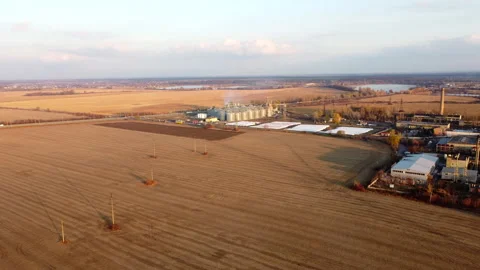 Panoramic view of yellow dry wheat field after harvest, grain elevator Stock Footage 330680145