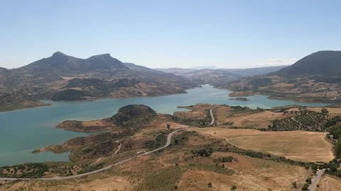 Panoramic view of the Zahara el Gastor in Zahara de la Sierra, Spain Stock Footage 344869363