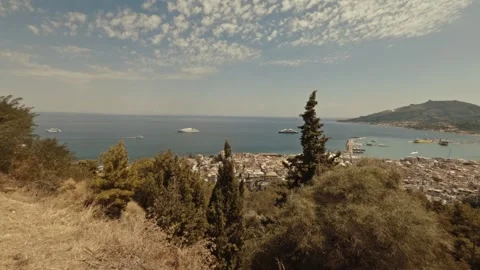 Panoramic View of Zakynthos Town and Harbor from a Hilltop, Greece, Stock Footage 328307284