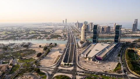 Panoramic view of Zig Zag Towers beside the Pearl-Qatar island in Doha, Qatar. Stock Photos