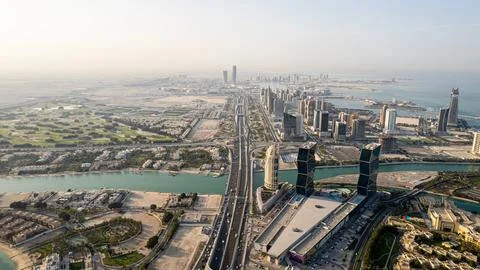 Panoramic view of Zig Zag Towers beside the Pearl-Qatar island in Doha, Qatar. 스톡 사진