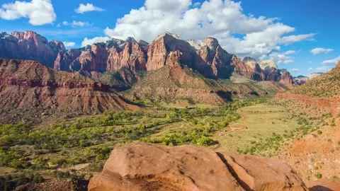 Panoramic View of Zion Canyon from The Watchman Trail Overlook, Zion National Pa Stock Footage 332018997