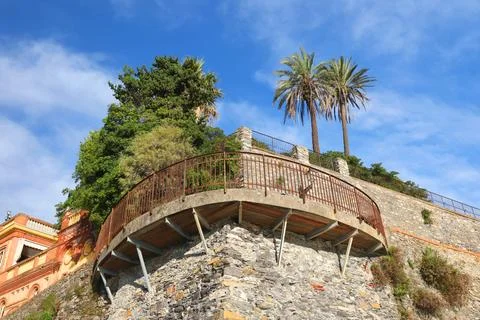 Panoramic viewpoint on medieval stone tower. Nature and structures of Stock Photos