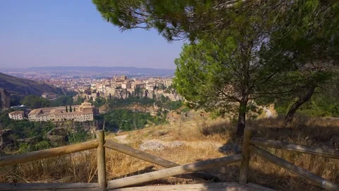 Panoramic viewpoint toward Cuenca old town and Parador framed Stock Footage 341322927