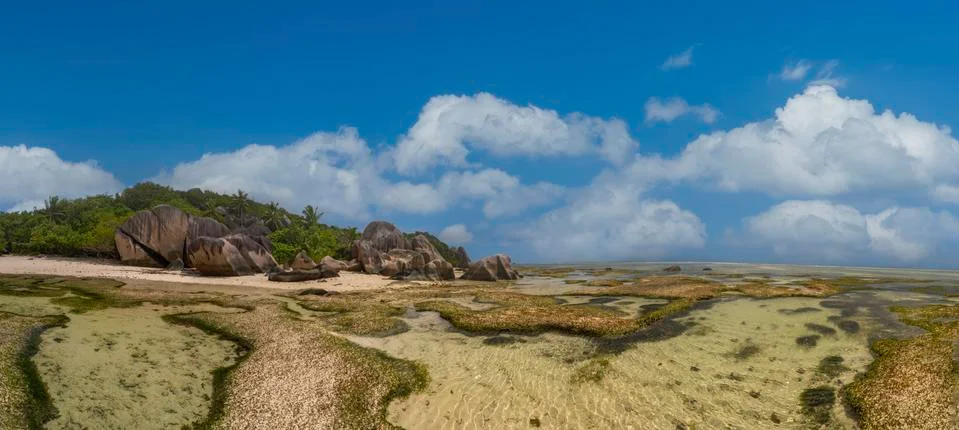 Panoramic views of Anse Source d'Argent on La Digue Island in the Seychelles Stock Photos