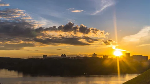 Panoramic views of the city and the river at sunset., time lapse Stock Footage 90824965
