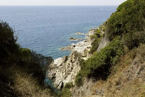 Panoramic views from the cliffs and the sea, Costa Brava Stock Photos