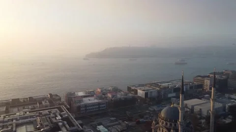 Panoramic views of the dawn in the Bosphorus Bay, the Nusretiye Mosque and the Stock Footage 148048451