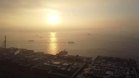 Panoramic views of the dawn in the Bosphorus Bay. Seagulls fly in the frame, no Stock Footage 148048485